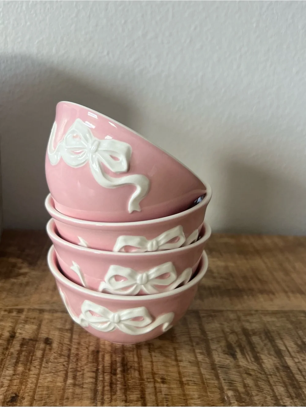 New 4pc Pink Bow Stoneware Small Bowl Set